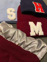 Load image into Gallery viewer, Light Blue Satin Lined Beanie with a White S Letter, Navy Blue Satin Lined Beanie with a Red H, Maroon Satin Line Beanie with White M