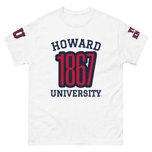 Load image into Gallery viewer, White Howard University Shirt with red and blue letters.